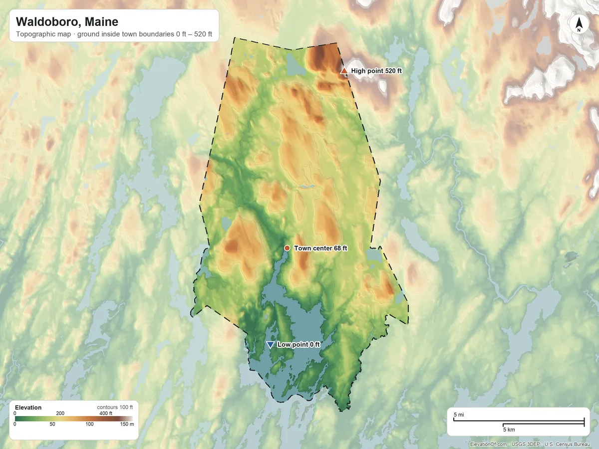 Topographic elevation map of Waldoboro, Maine, shaded from 0 ft on the south side to 520 ft on the north side