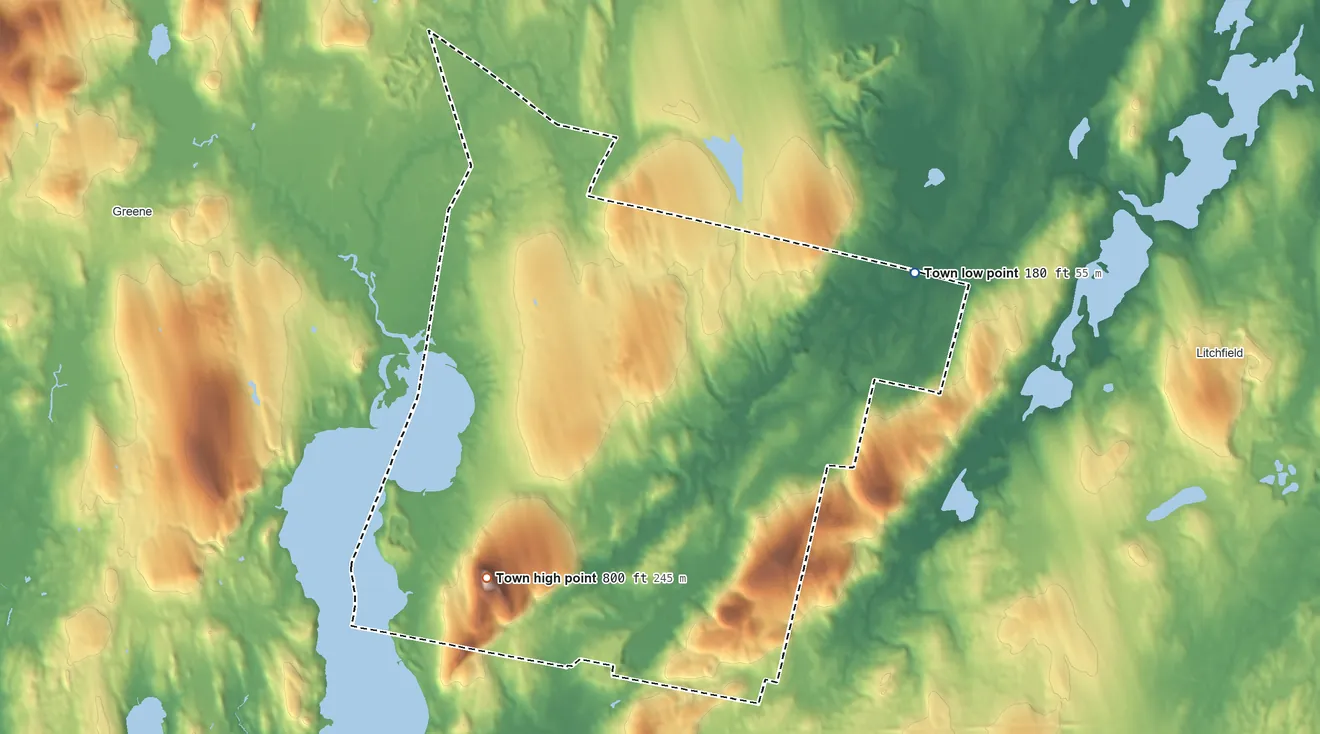 Topographic elevation map of Wales, Maine, shaded from 180 ft on the east side to 800 ft on Sabattus Mountain