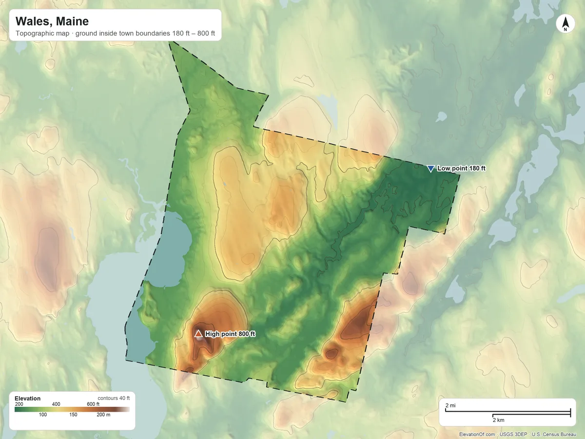Topographic elevation map of Wales, Maine, shaded from 180 ft on the east side to 800 ft on Sabattus Mountain