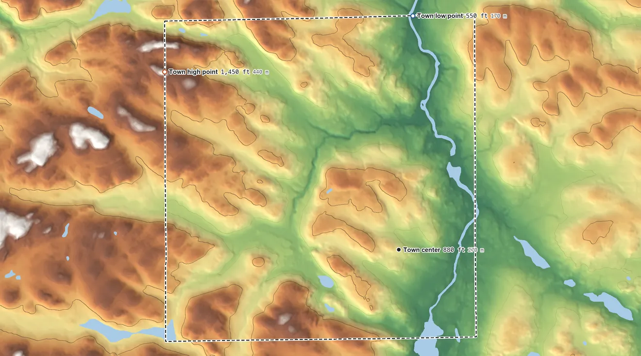 Topographic elevation map of Wallagrass, Maine, shaded from 550 ft on the north side to 1,450 ft on the northwest side