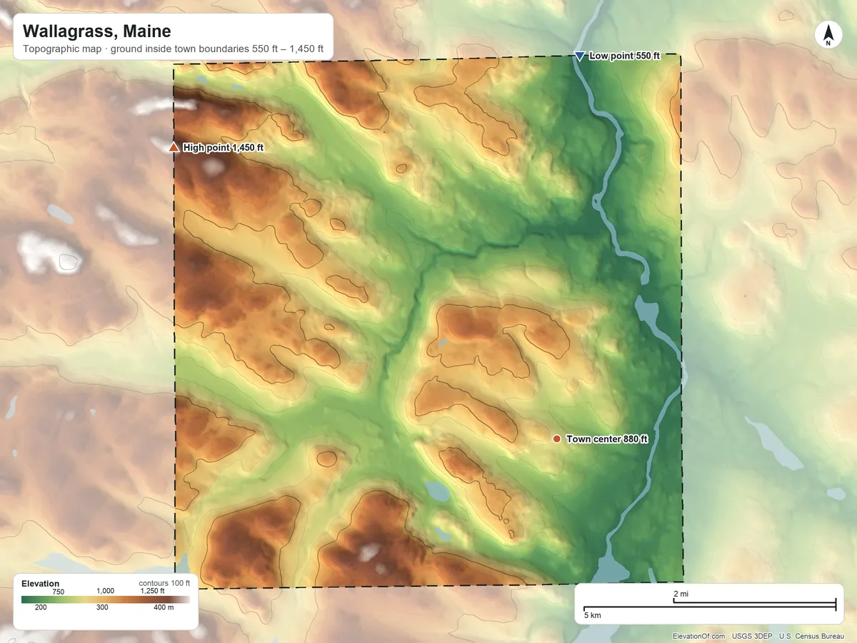 Topographic elevation map of Wallagrass, Maine, shaded from 550 ft on the north side to 1,450 ft on the northwest side