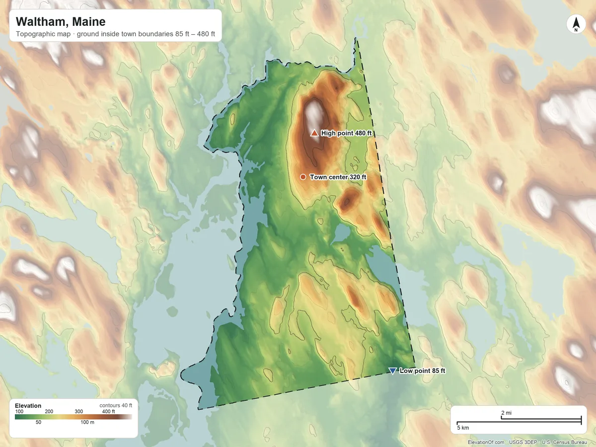 Topographic elevation map of Waltham, Maine, shaded from 85 ft on the southeast side to 480 ft on the north side