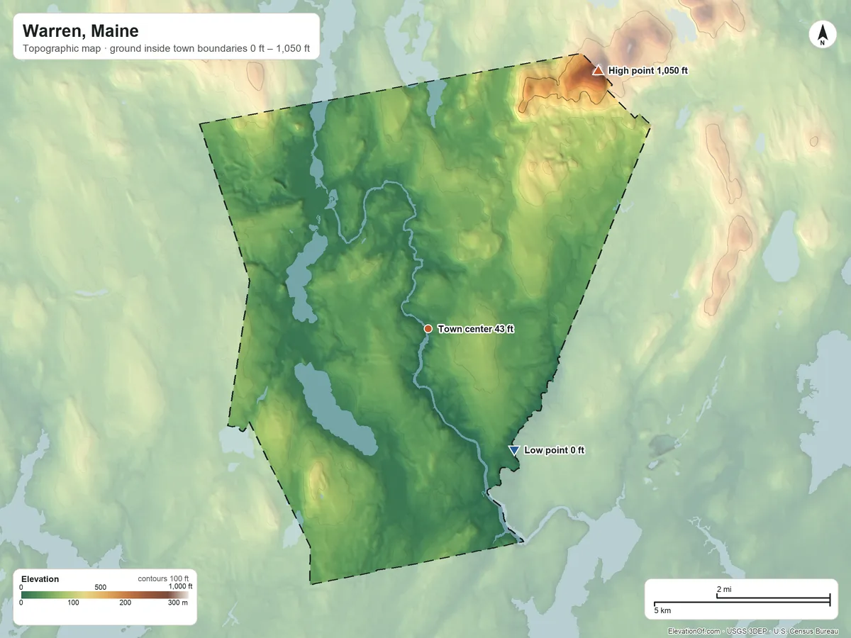 Topographic elevation map of Warren, Maine, shaded from 0 ft on the southeast side to 1,050 ft on Pleasant Mountain