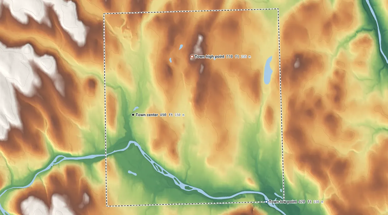 Topographic elevation map of Washburn, Maine, shaded from 420 ft on the southeast side to 770 ft on the northeast side