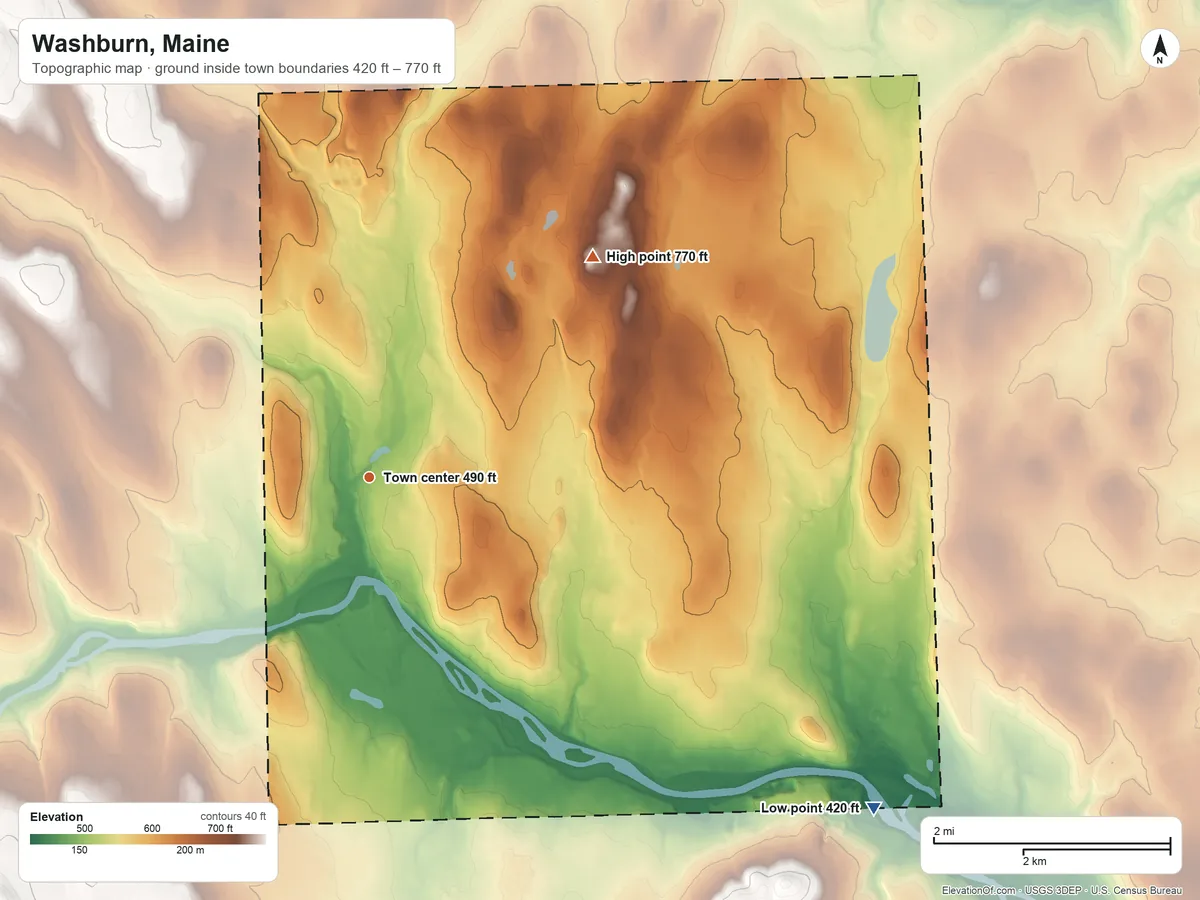 Topographic elevation map of Washburn, Maine, shaded from 420 ft on the southeast side to 770 ft on the northeast side