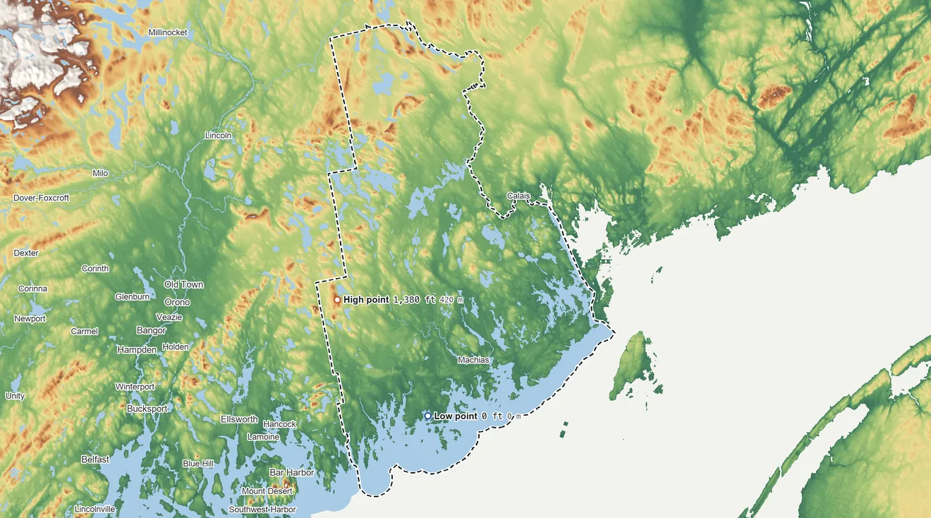 Topographic elevation map of Washington County, Maine, shaded from sea level on the Indian River to 1,380 ft on Pleasant Mountain