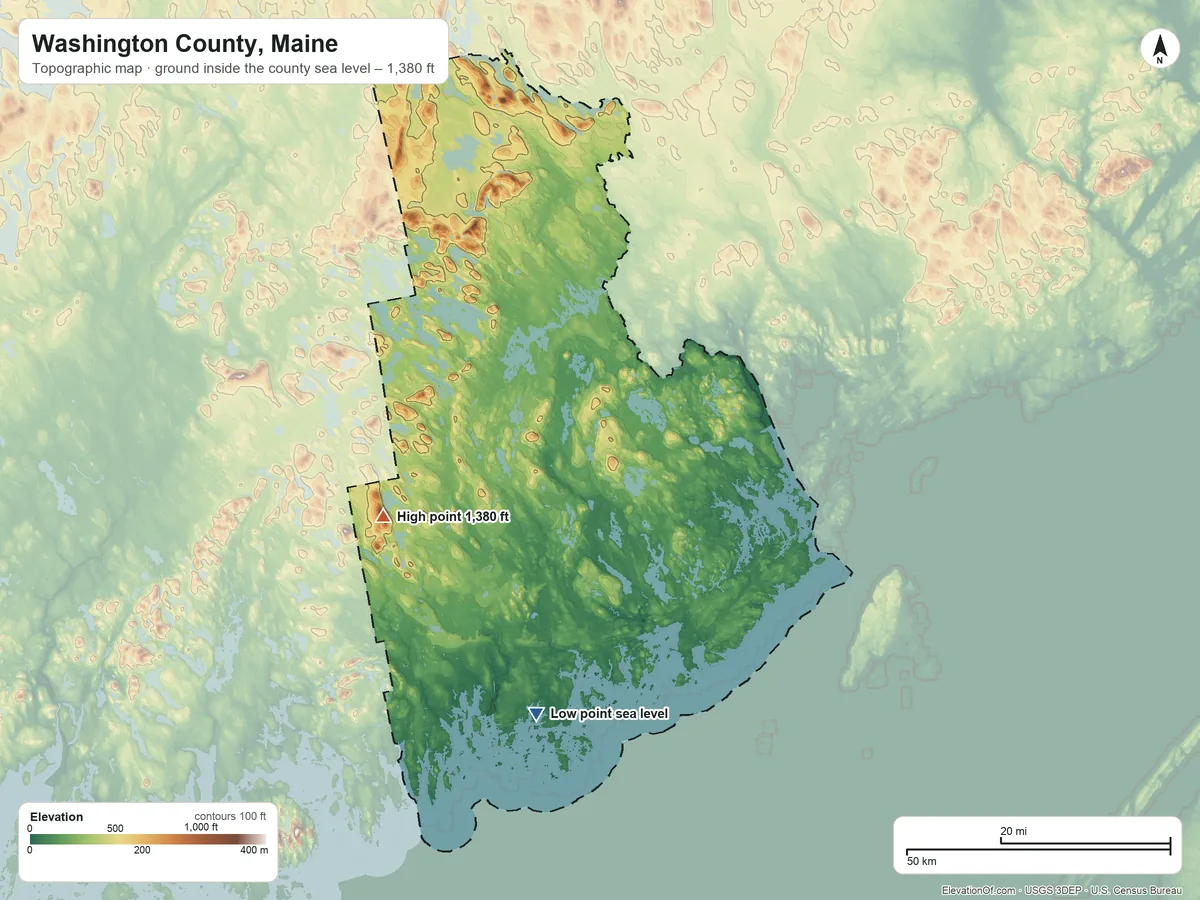 Topographic elevation map of Washington County, Maine, shaded from sea level on the Indian River to 1,380 ft on Pleasant Mountain