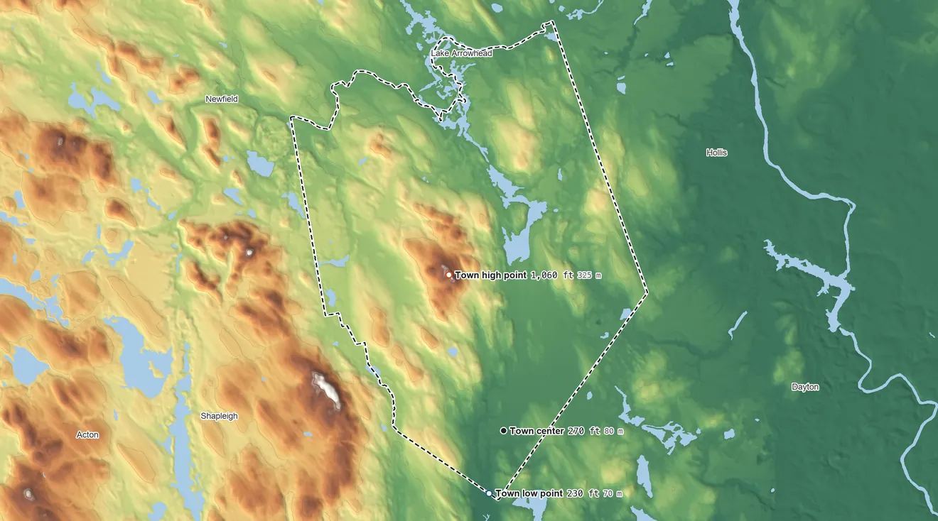 Topographic elevation map of Waterboro, Maine, shaded from 230 ft on the south side to 1,063 ft on Ossipee Hill
