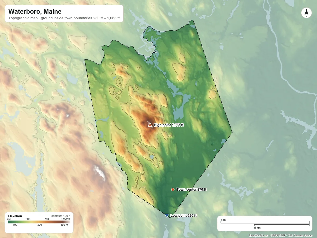 Topographic elevation map of Waterboro, Maine, shaded from 230 ft on the south side to 1,063 ft on Ossipee Hill