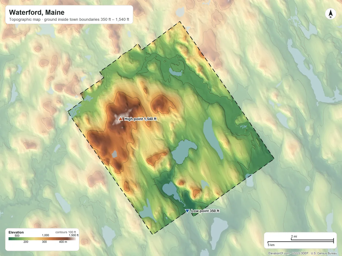 Topographic elevation map of Waterford, Maine, shaded from 350 ft on the south side to 1,540 ft on Beech Hill