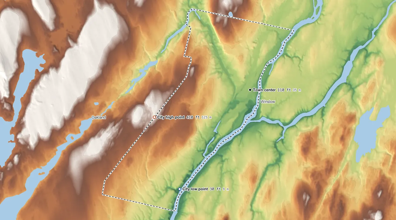 Topographic elevation map of Waterville, Maine, shaded from 30 ft on the southwest side to 410 ft on the west side