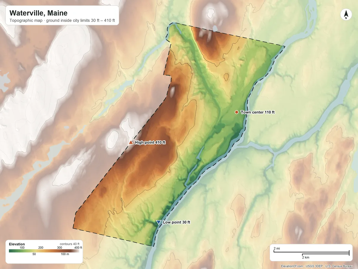 Topographic elevation map of Waterville, Maine, shaded from 30 ft on the southwest side to 410 ft on the west side
