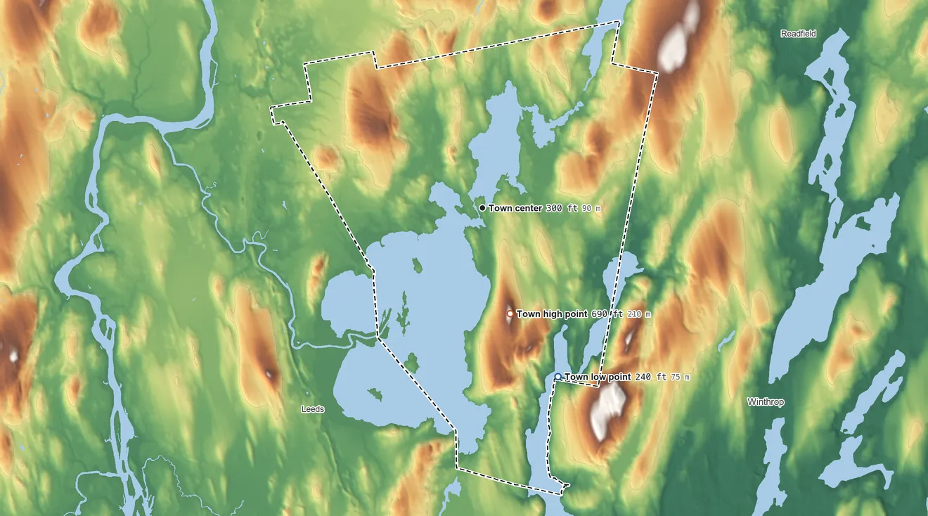 Topographic elevation map of Wayne, Maine, shaded from 240 ft on the southeast side to 690 ft on Morrison Heights
