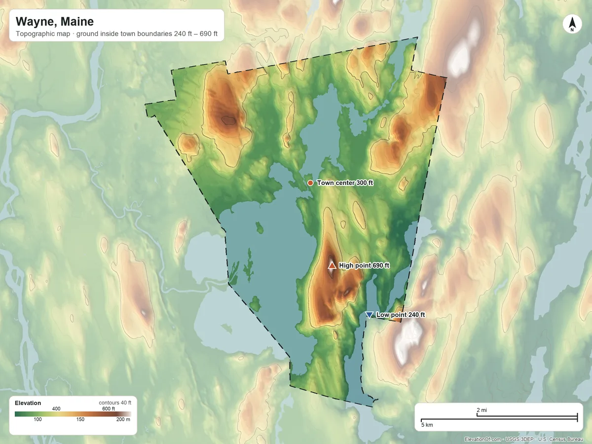 Topographic elevation map of Wayne, Maine, shaded from 240 ft on the southeast side to 690 ft on Morrison Heights