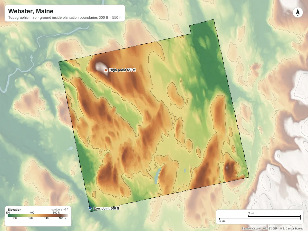 Topographic elevation map of Webster, Maine, shaded from 300 ft on the southwest side to 550 ft on the northwest side