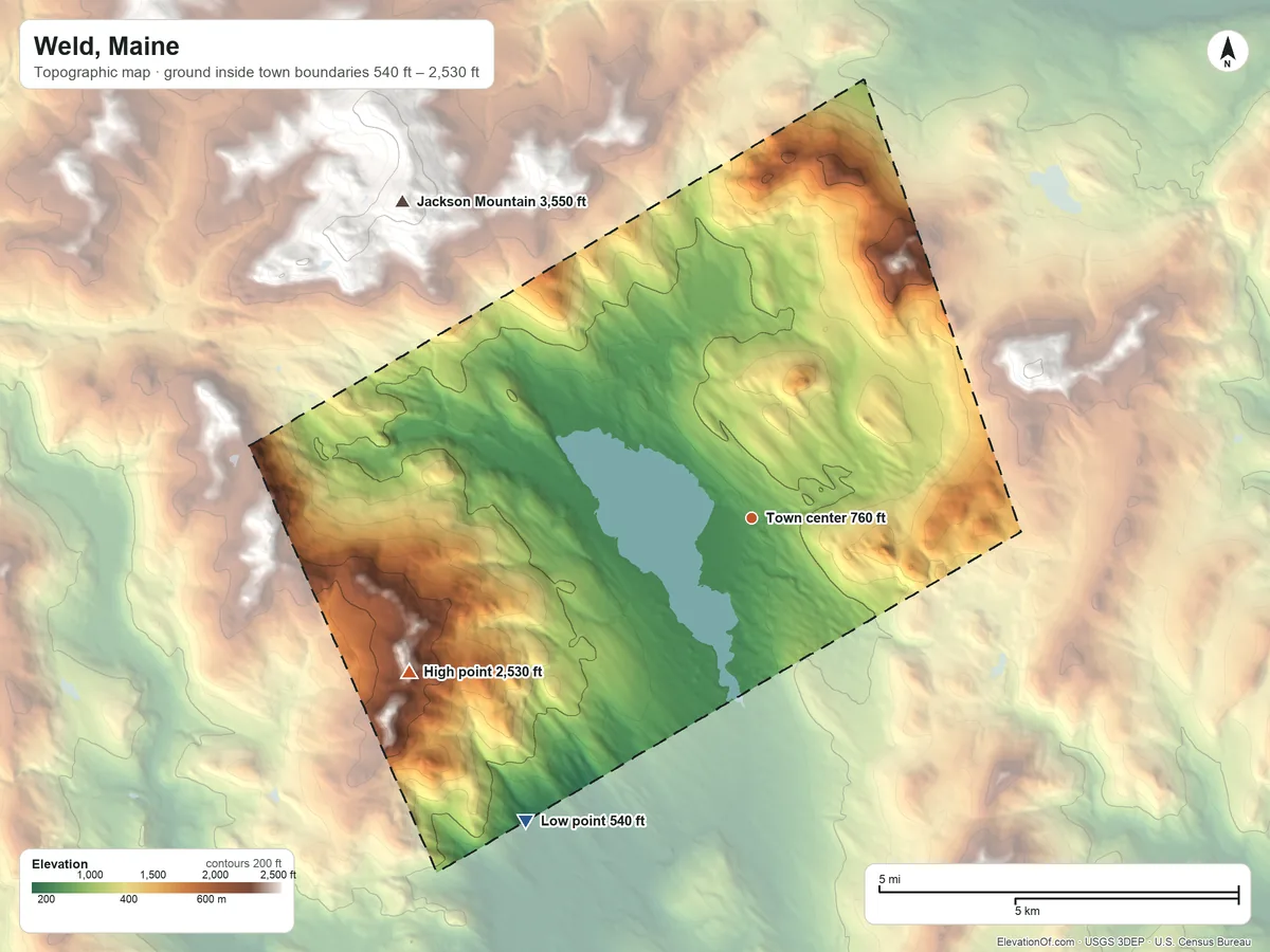Topographic elevation map of Weld, Maine, shaded from 540 ft on the southwest side to 2,530 ft on Spruce Mountain