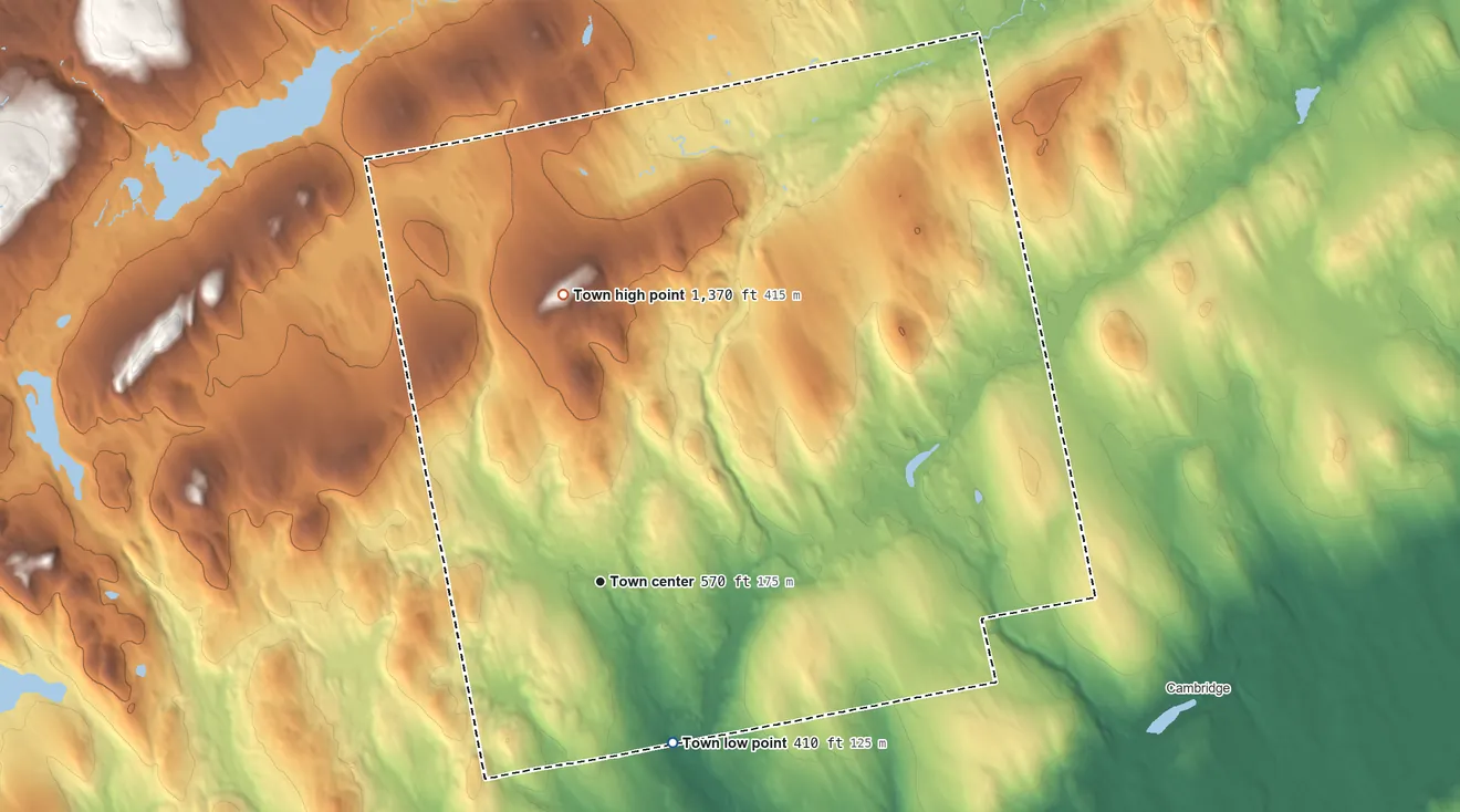Topographic elevation map of Wellington, Maine, shaded from 410 ft on the southeast side to 1,370 ft on Huff Mountain