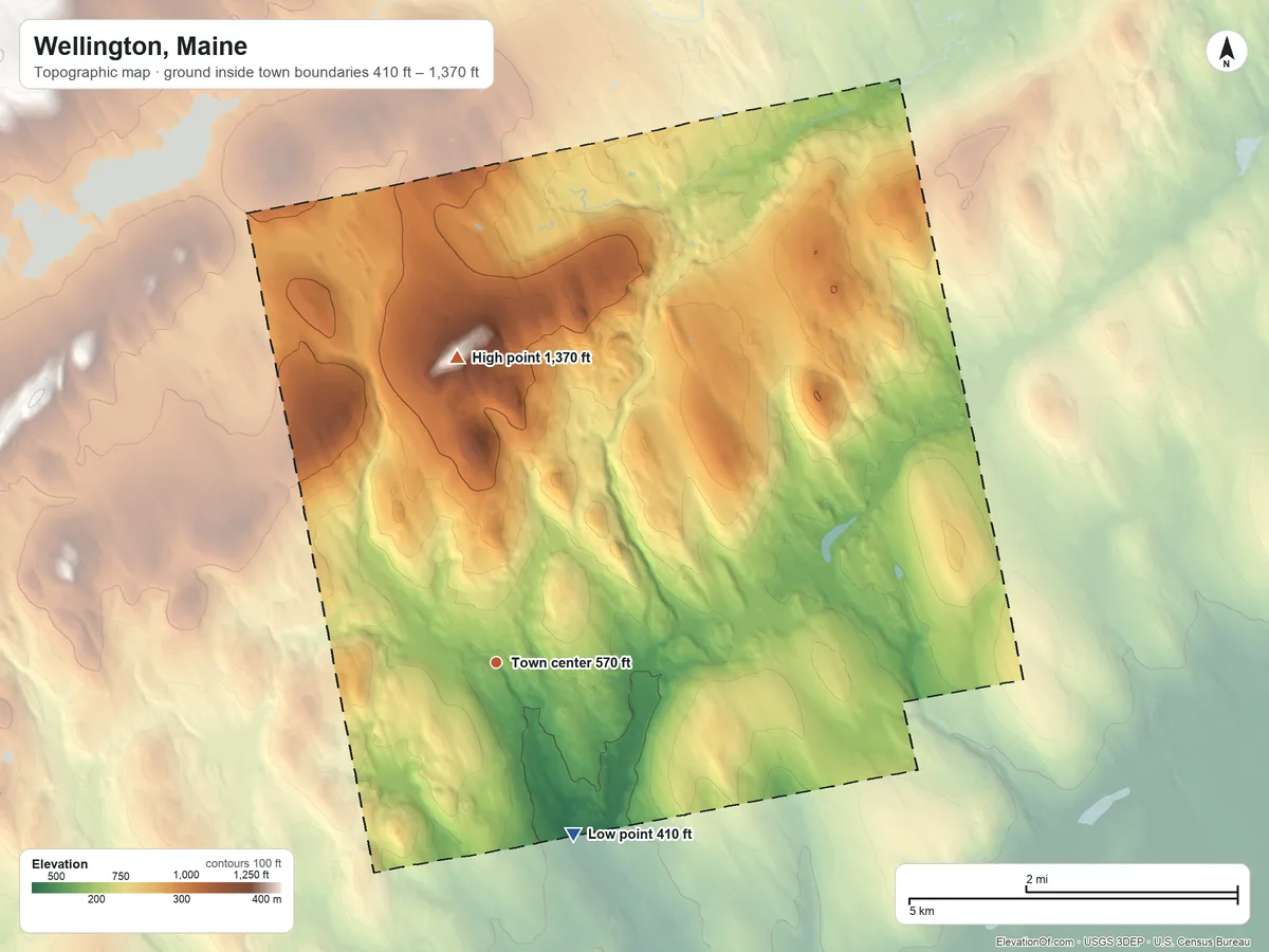 Topographic elevation map of Wellington, Maine, shaded from 410 ft on the southeast side to 1,370 ft on Huff Mountain