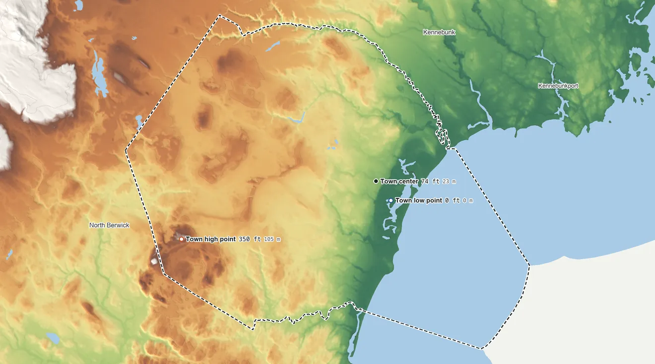 Topographic elevation map of Wells, Maine, shaded from 0 ft near the middle to 350 ft on the west side