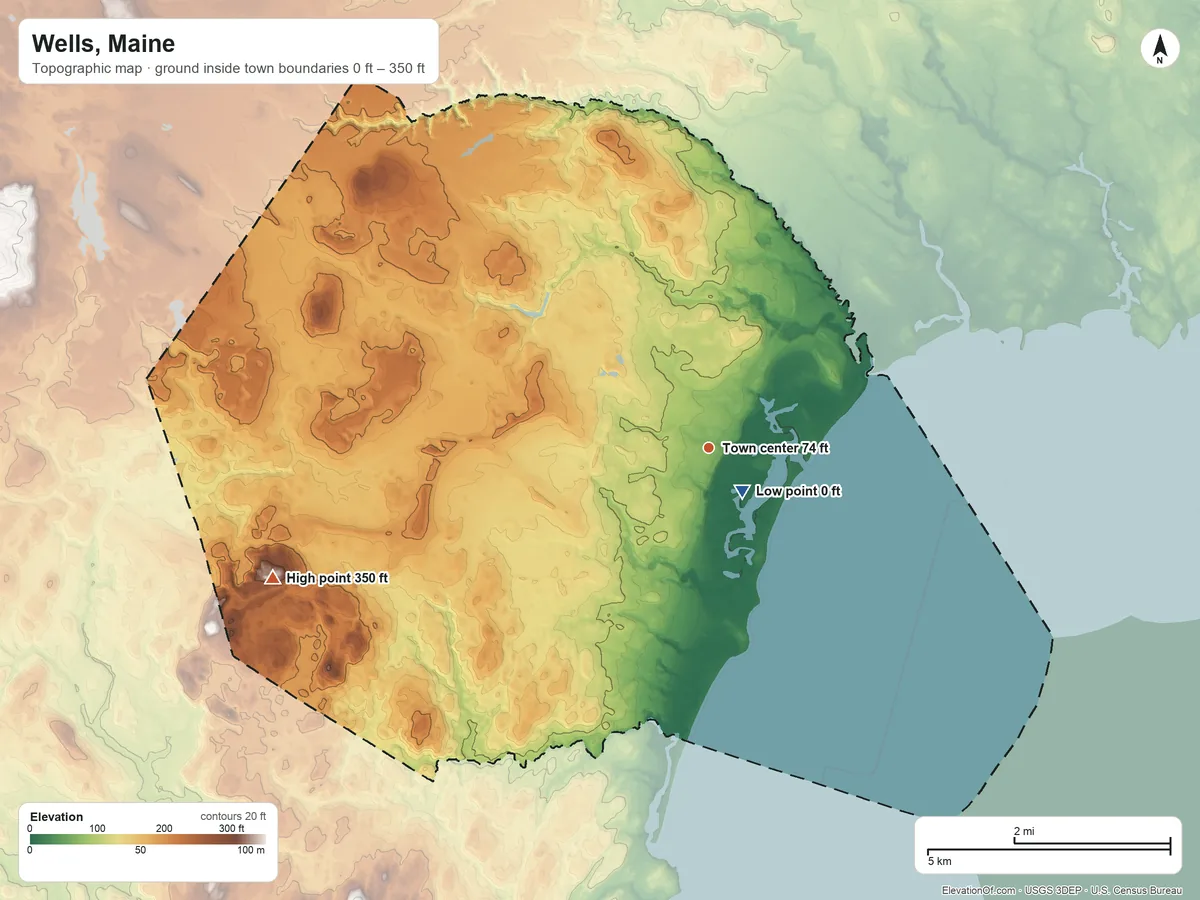 Topographic elevation map of Wells, Maine, shaded from 0 ft near the middle to 350 ft on the west side