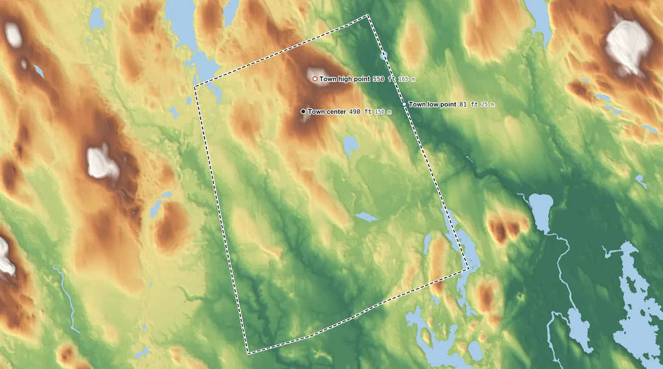 Topographic elevation map of Wesley, Maine, shaded from 81 ft on the east side to 550 ft on Day Hill