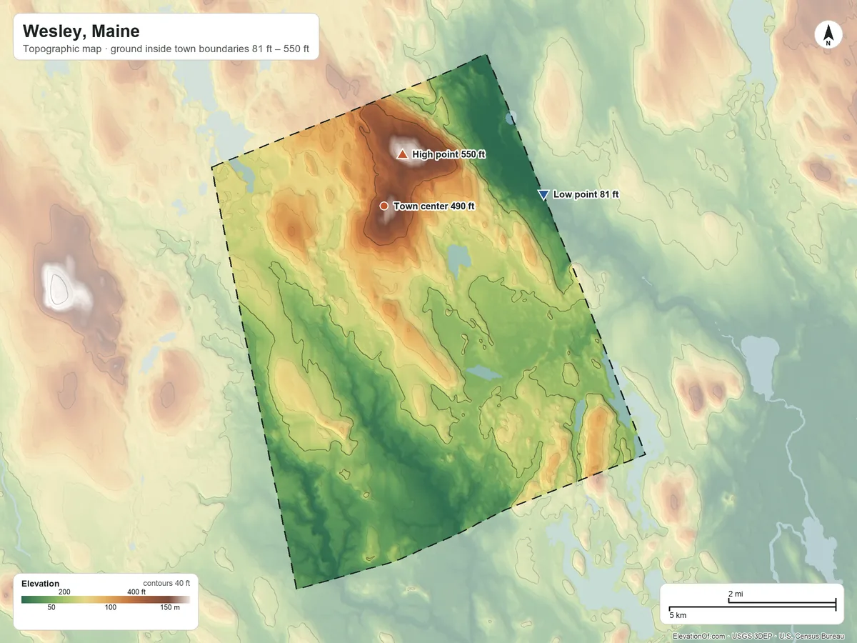 Topographic elevation map of Wesley, Maine, shaded from 81 ft on the east side to 550 ft on Day Hill