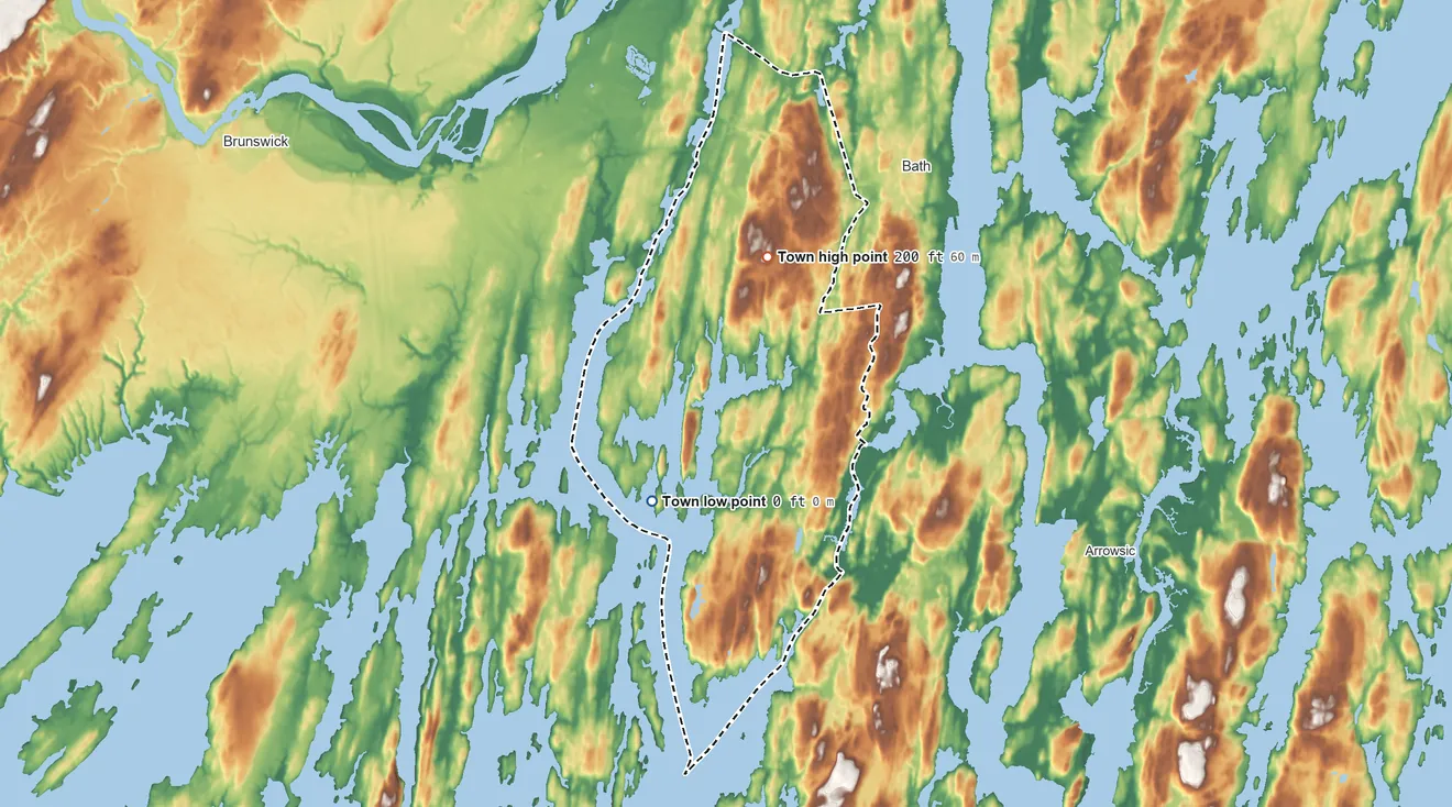 Topographic elevation map of West Bath, Maine, shaded from sea level level on Casco Bay to 200 ft on Great Hill