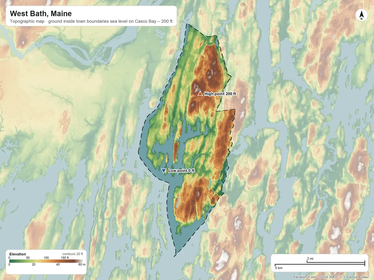 Topographic elevation map of West Bath, Maine, shaded from sea level level on Casco Bay to 200 ft on Great Hill