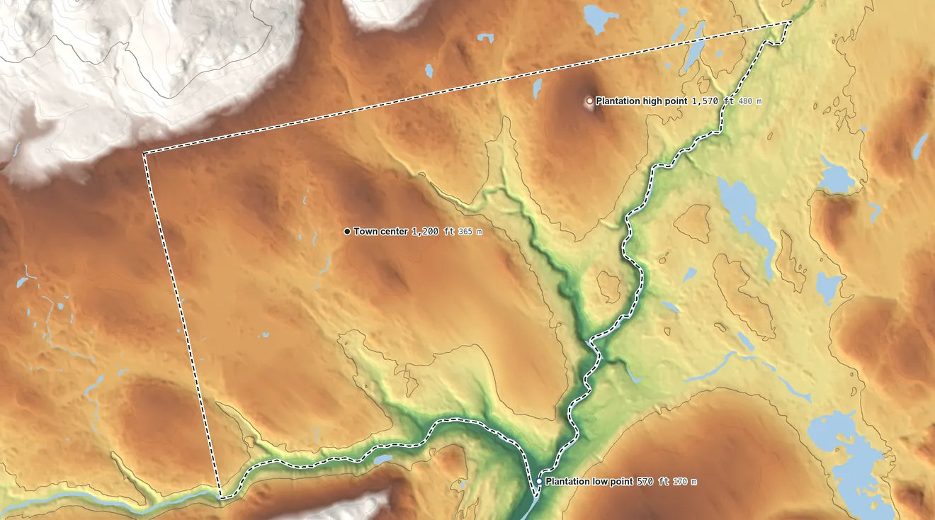 Topographic elevation map of West Forks, Maine, shaded from 570 ft on the southeast side to 1,570 ft on Wilson Hill