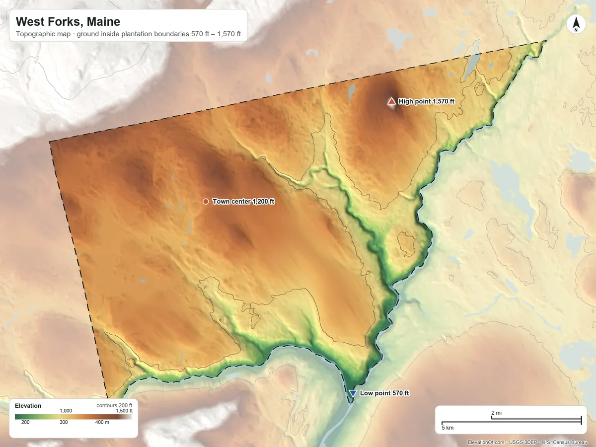 Topographic elevation map of West Forks, Maine, shaded from 570 ft on the southeast side to 1,570 ft on Wilson Hill