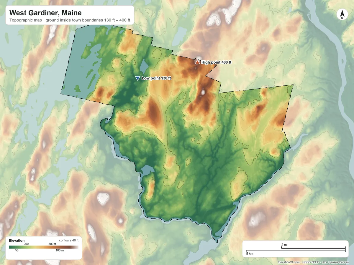 Topographic elevation map of West Gardiner, Maine, shaded from 130 ft on the northwest side to 400 ft on the north side