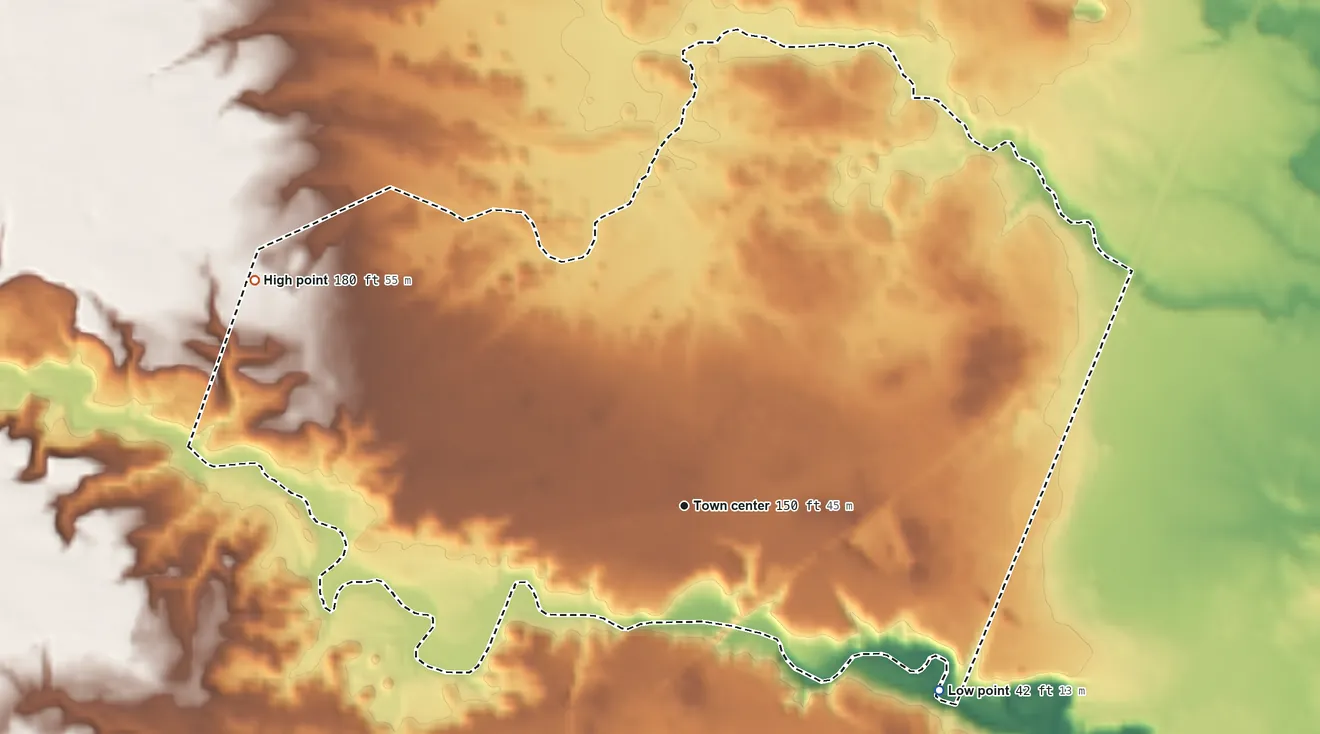 Topographic elevation map of West Kennebunk, Maine, shaded from 42 ft on the southeast side to 180 ft on the northwest side