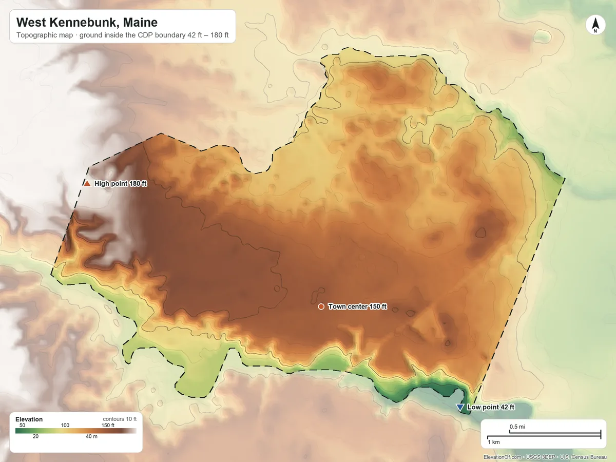 Topographic elevation map of West Kennebunk, Maine, shaded from 42 ft on the southeast side to 180 ft on the northwest side