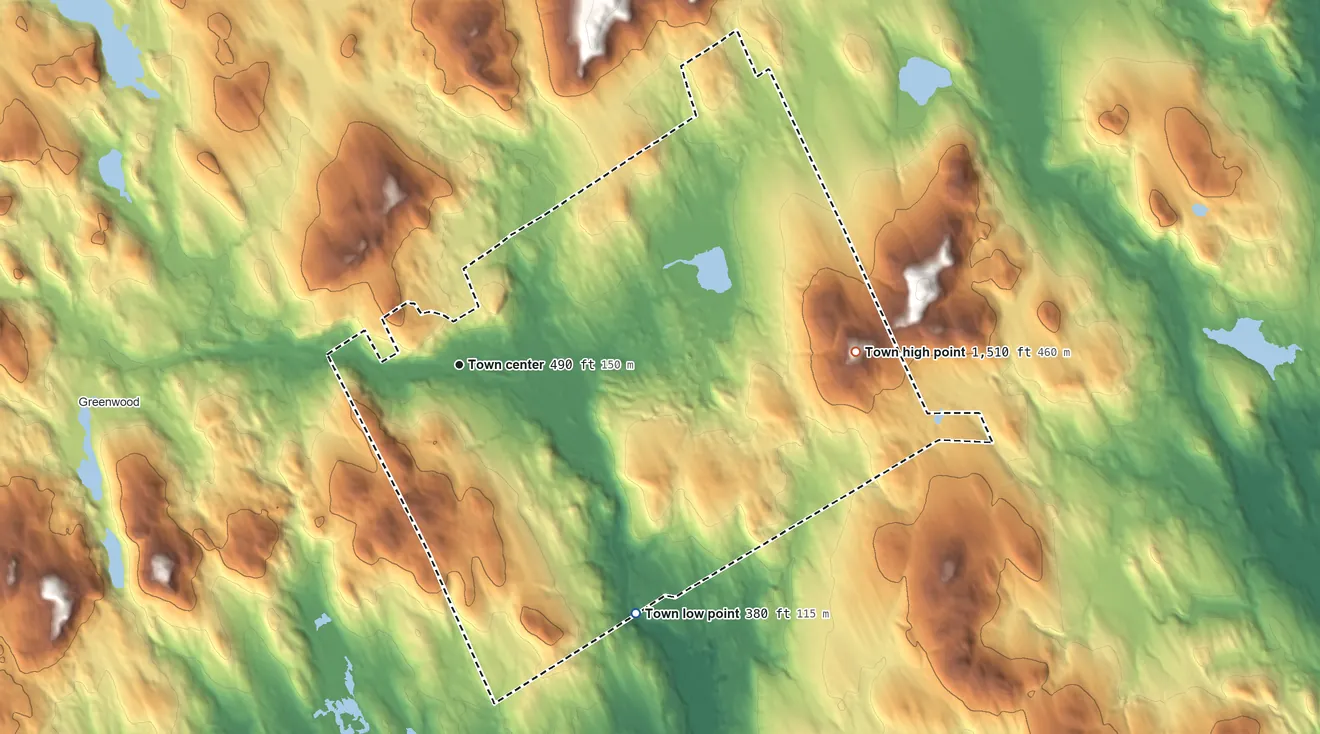 Topographic elevation map of West Paris, Maine, shaded from 380 ft on the southeast side to 1,510 ft on The Pinnacle