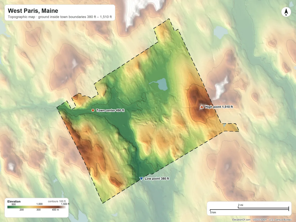 Topographic elevation map of West Paris, Maine, shaded from 380 ft on the southeast side to 1,510 ft on The Pinnacle