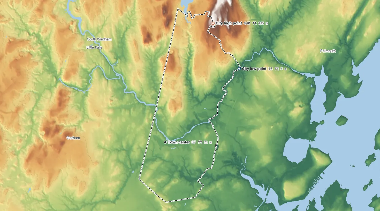 Topographic elevation map of Westbrook, Maine, shaded from 16 ft on the northeast side to 440 ft on the north edge, below higher ground just outside