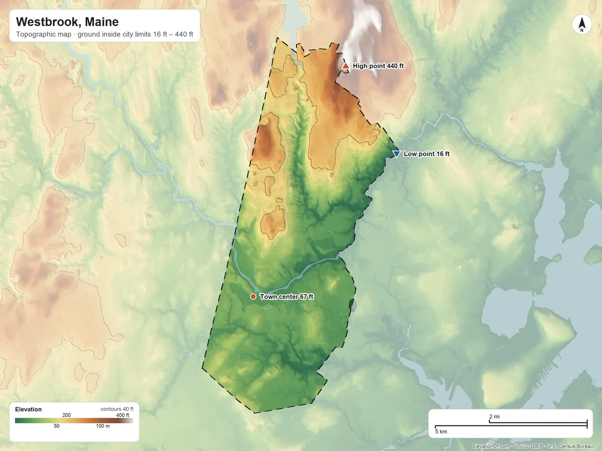 Topographic elevation map of Westbrook, Maine, shaded from 16 ft on the northeast side to 440 ft on the north edge, below higher ground just outside