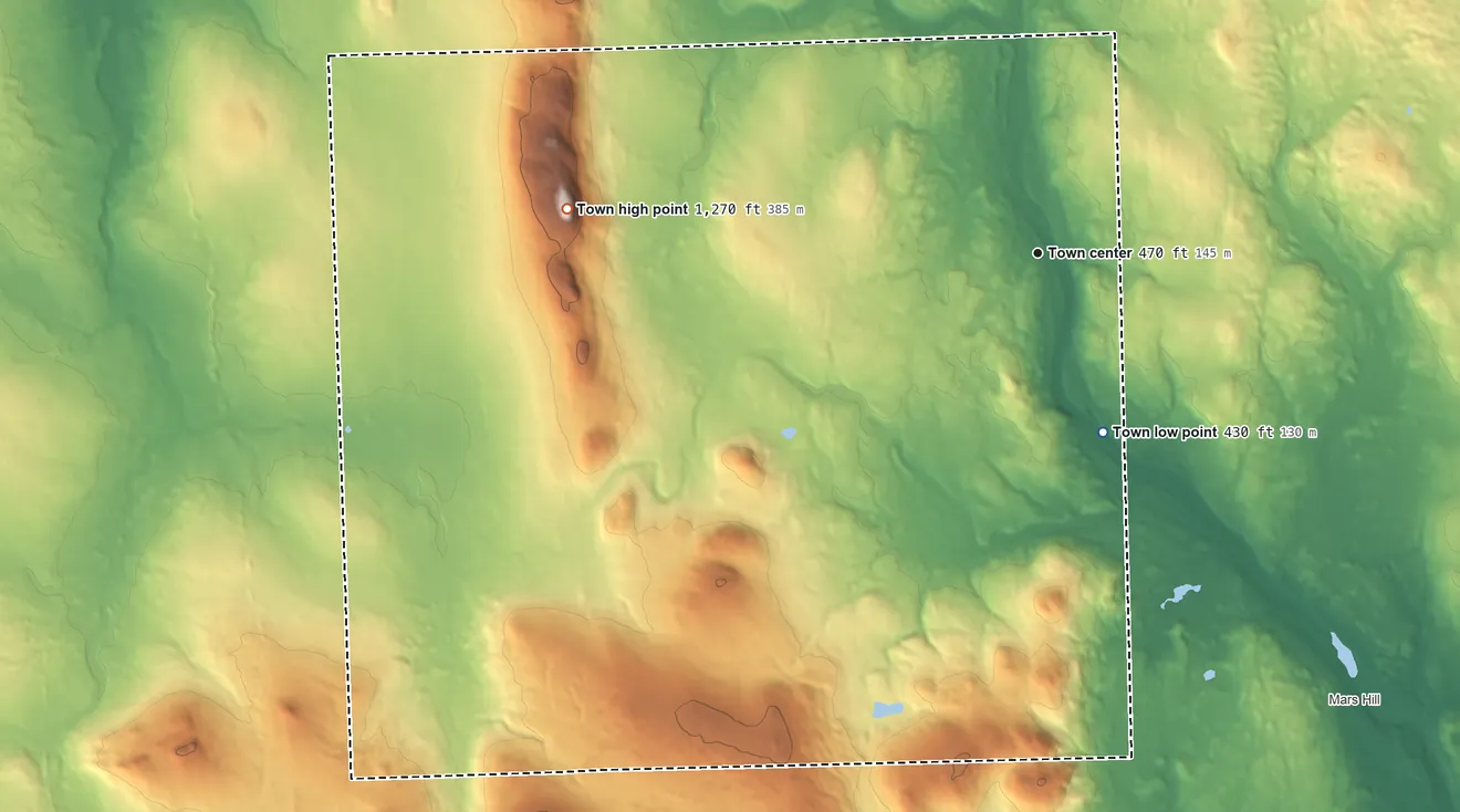 Topographic elevation map of Westfield, Maine, shaded from 430 ft on the south side to 1,270 ft on Green Mountain