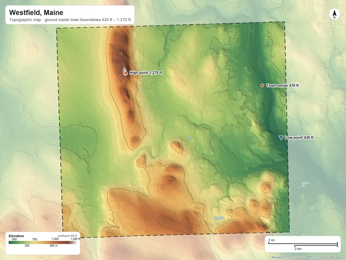 Topographic elevation map of Westfield, Maine, shaded from 430 ft on the south side to 1,270 ft on Green Mountain