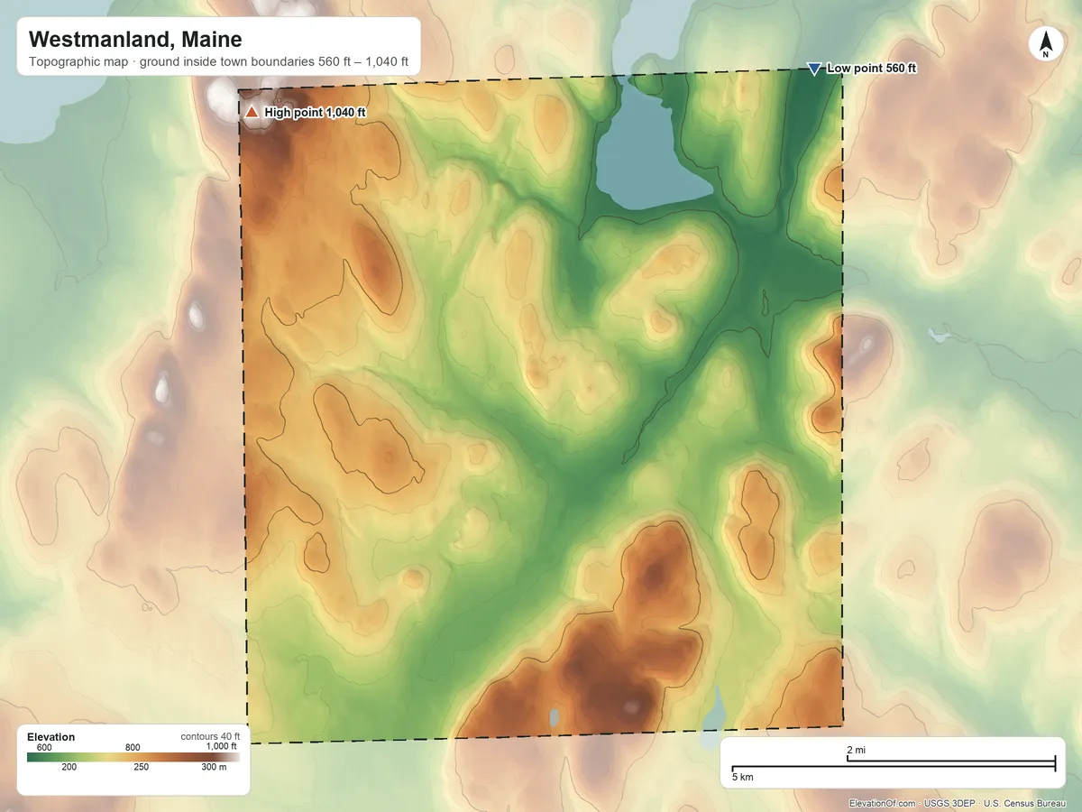Topographic elevation map of Westmanland, Maine, shaded from 560 ft on the north side to 1,040 ft on the west side