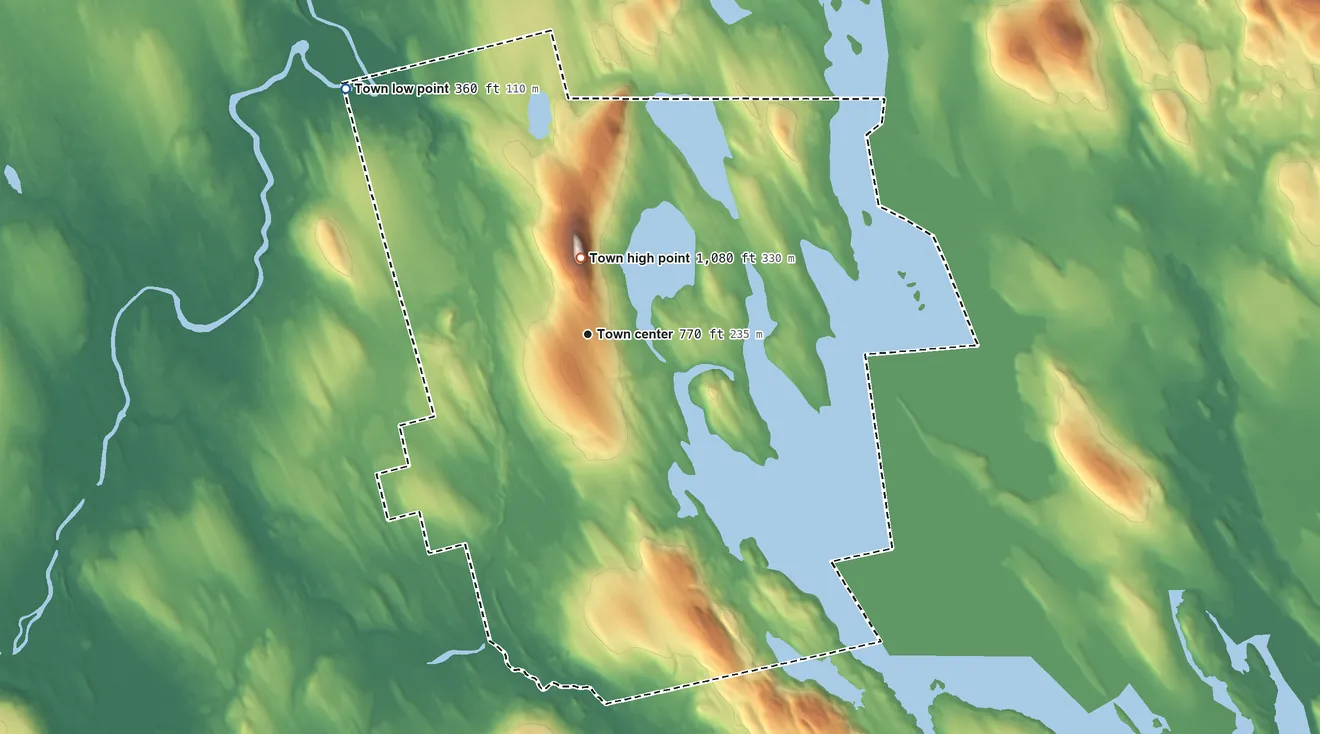Topographic elevation map of Weston, Maine, shaded from 360 ft on the northwest side to 1,080 ft on Peekaboo Mountain