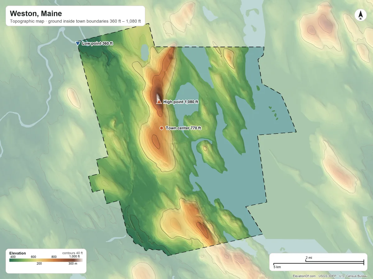 Topographic elevation map of Weston, Maine, shaded from 360 ft on the northwest side to 1,080 ft on Peekaboo Mountain