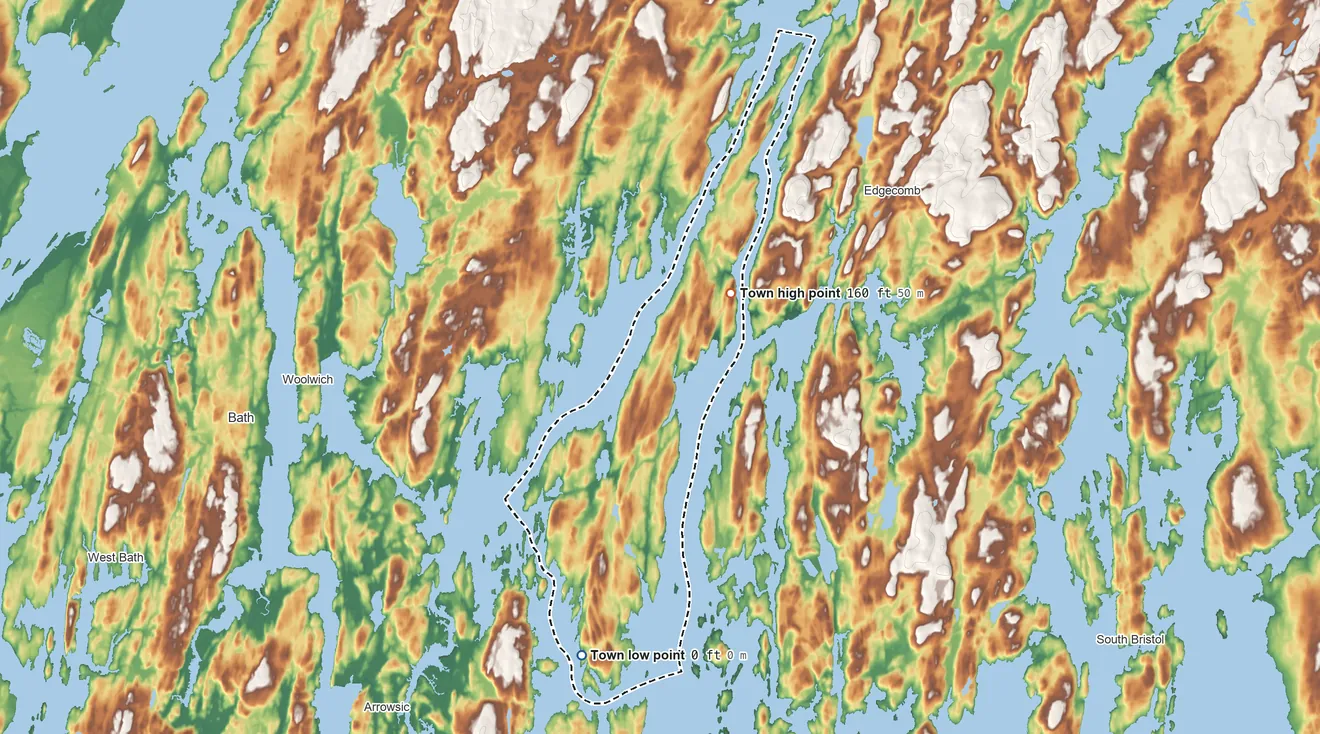 Topographic elevation map of Westport Island, Maine, shaded from 0 ft on the south side to 160 ft on the northeast side