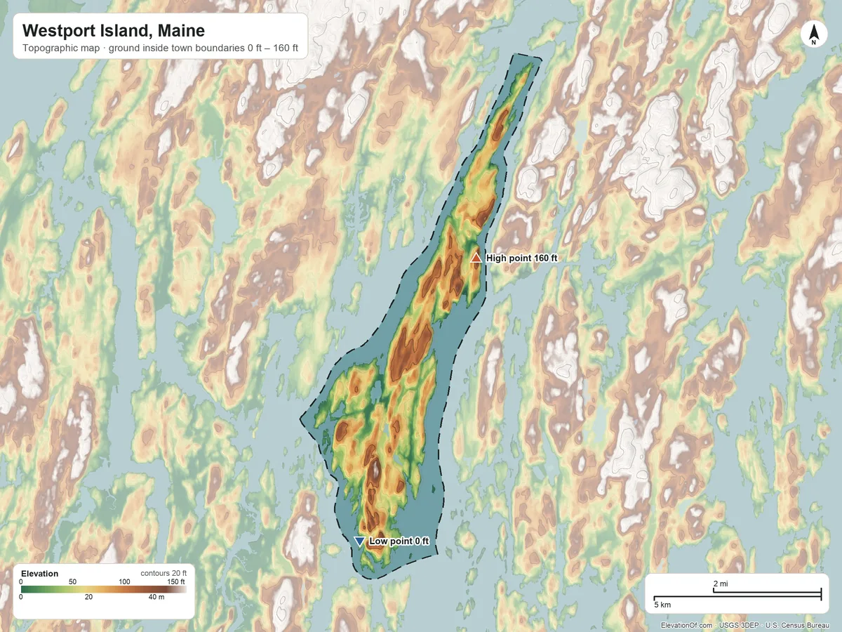 Topographic elevation map of Westport Island, Maine, shaded from 0 ft on the south side to 160 ft on the northeast side