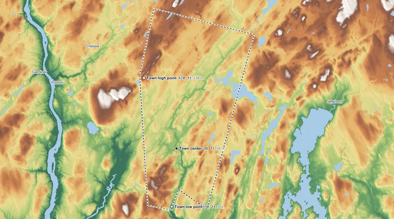 Topographic elevation map of Whitefield, Maine, shaded from 30 ft on the south side to 420 ft on the northwest side
