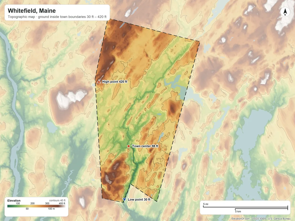 Topographic elevation map of Whitefield, Maine, shaded from 30 ft on the south side to 420 ft on the northwest side