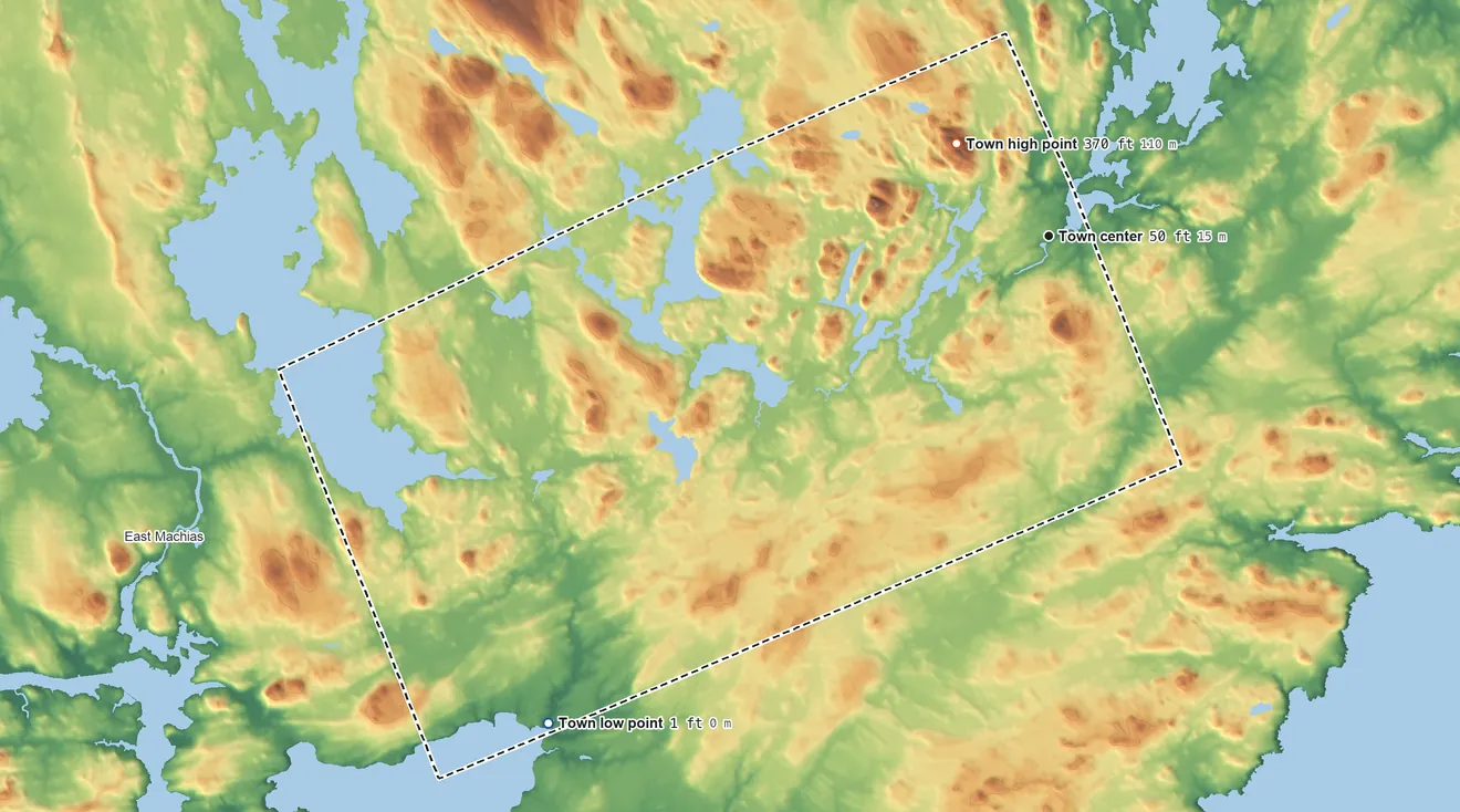 Topographic elevation map of Whiting, Maine, shaded from 1 ft on the southwest side to 370 ft on Pughole Mountain
