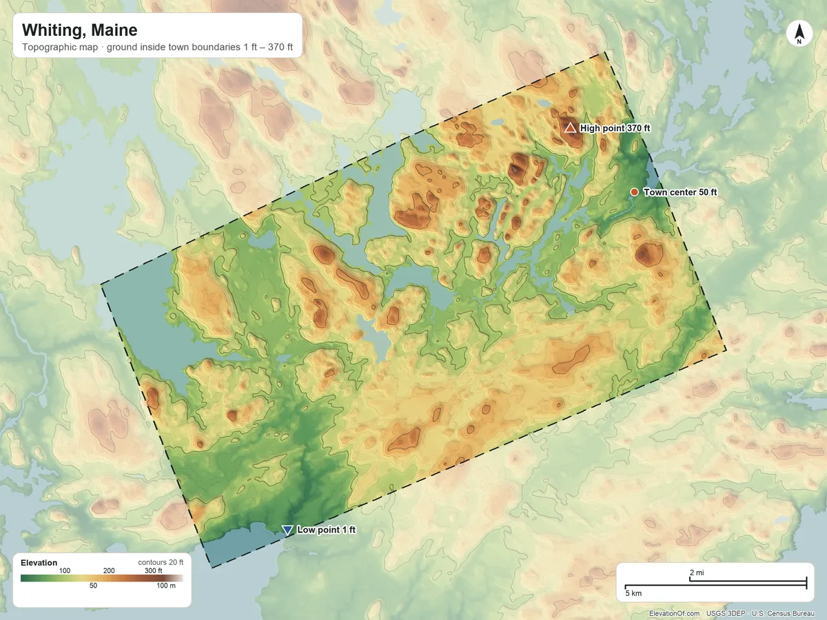 Topographic elevation map of Whiting, Maine, shaded from 1 ft on the southwest side to 370 ft on Pughole Mountain