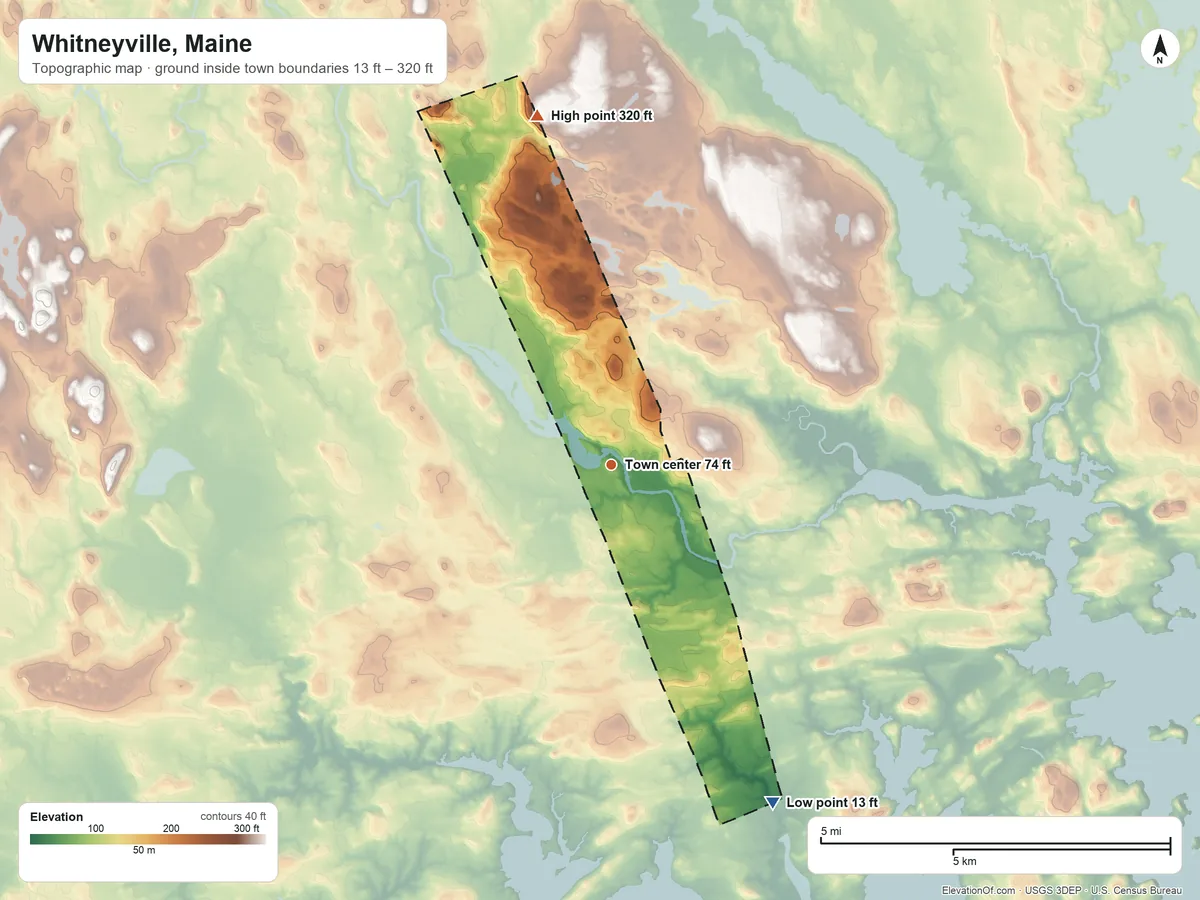 Topographic elevation map of Whitneyville, Maine, shaded from 13 ft on the southeast side to 320 ft on the north side
