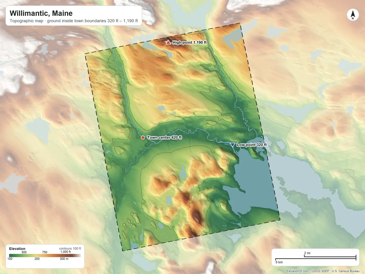 Topographic elevation map of Willimantic, Maine, shaded from 320 ft on the east side to 1,190 ft on Greenwood Mountain